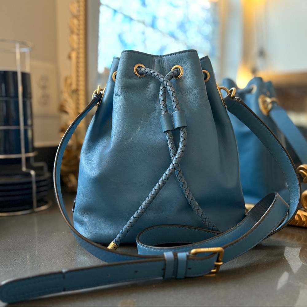 Cole Haan Soft Blue Leather Bucket Crossbody with Braided Drawstrings - Picture 2 of 12